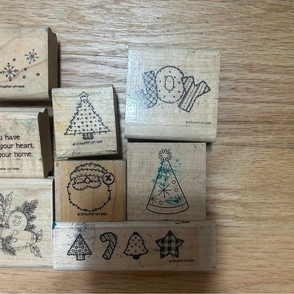 Vintage Christmas Wood Block Stamp Bundle Collection Set Santa Tree Joy